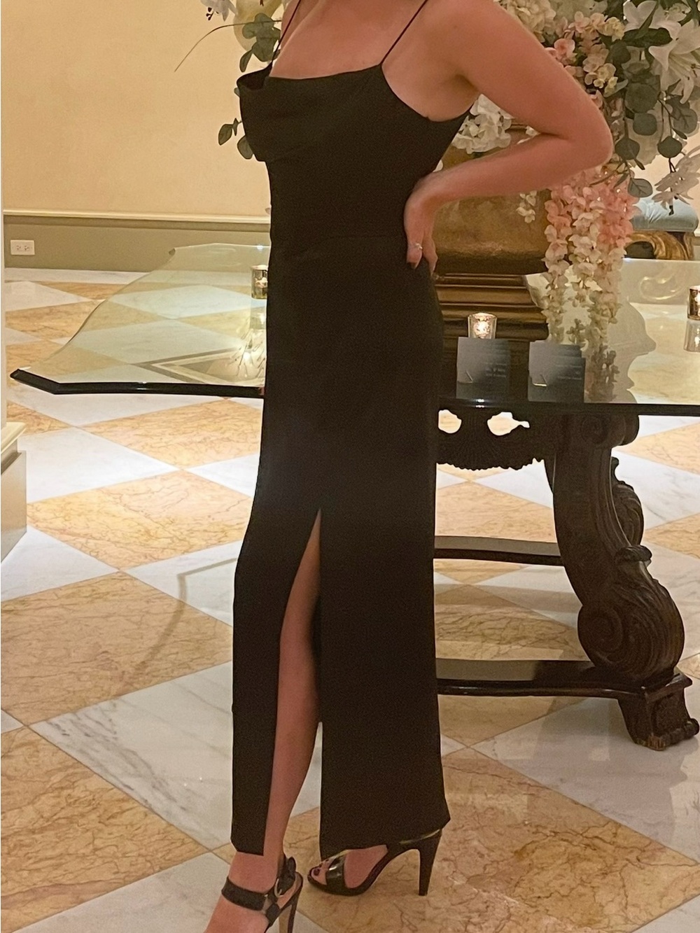 Zara Black Satin Slip Midi Dress with Cowl Neck